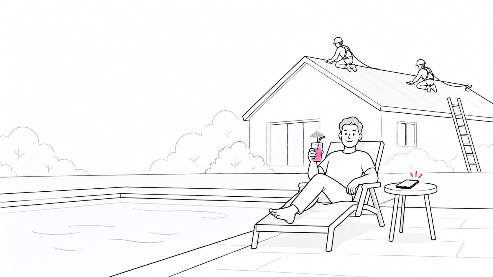 A barefoot homeowner relaxing in a pool chair while an HKL Roofing crew installs his roof